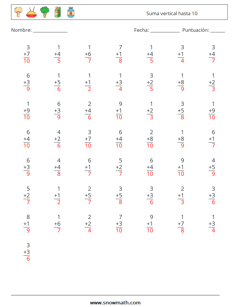 (50) Suma vertical hasta 10 Hojas de trabajo de matemáticas 1 Pregunta, respuesta