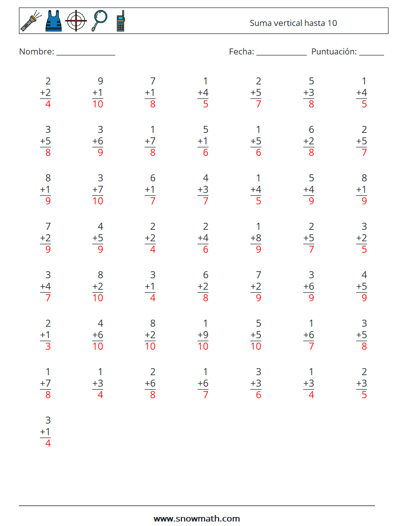 (50) Suma vertical hasta 10 Hojas de trabajo de matemáticas 2 Pregunta, respuesta