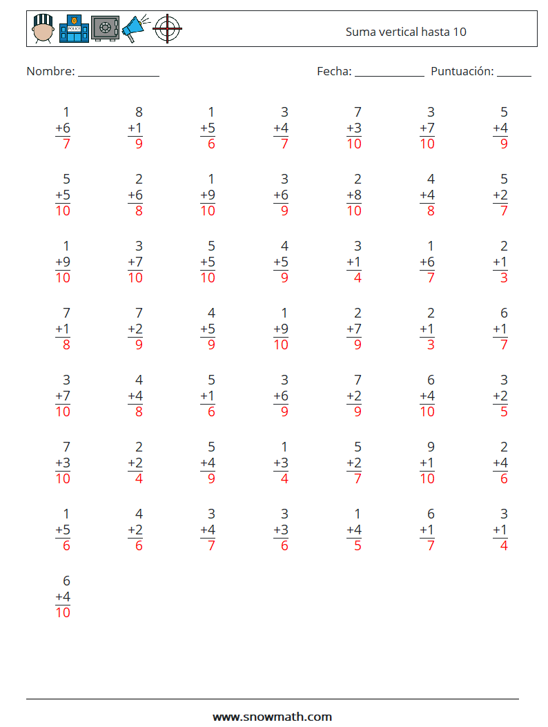 (50) Suma vertical hasta 10 Hojas de trabajo de matemáticas 3 Pregunta, respuesta