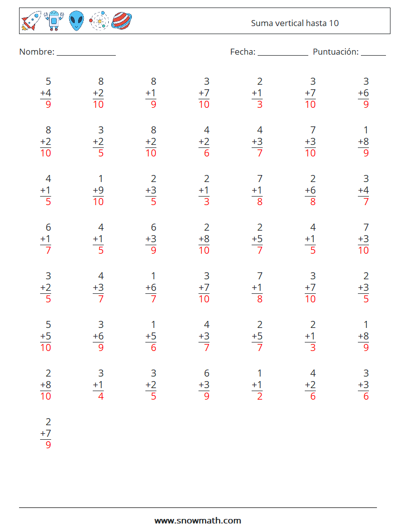 (50) Suma vertical hasta 10 Hojas de trabajo de matemáticas 4 Pregunta, respuesta