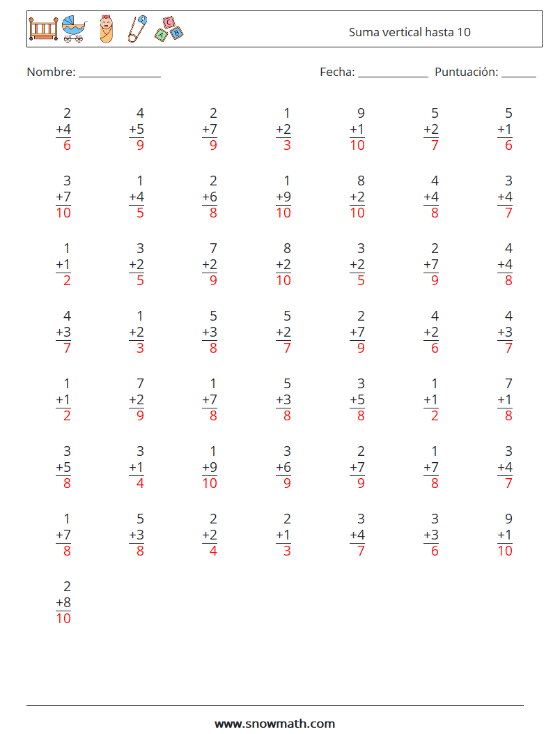 (50) Suma vertical hasta 10 Hojas de trabajo de matemáticas 5 Pregunta, respuesta