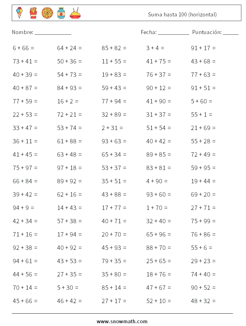 (100) Suma hasta 100 (horizontal) Hojas de trabajo de matemáticas 1