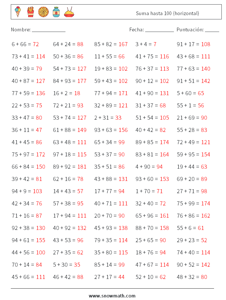 (100) Suma hasta 100 (horizontal) Hojas de trabajo de matemáticas 1 Pregunta, respuesta