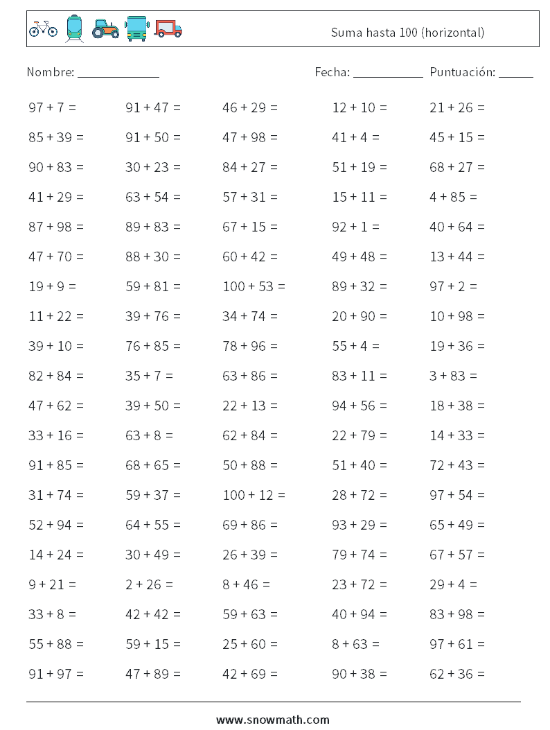 (100) Suma hasta 100 (horizontal) Hojas de trabajo de matemáticas 5