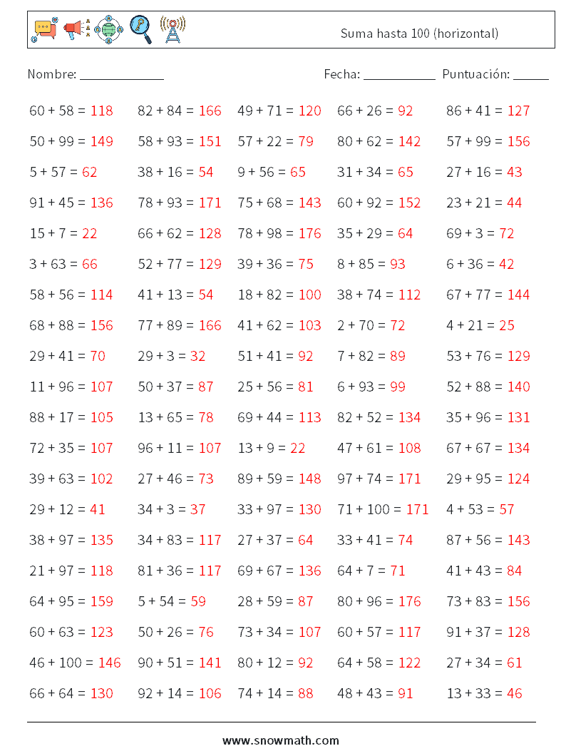 (100) Suma hasta 100 (horizontal) Hojas de trabajo de matemáticas 7 Pregunta, respuesta