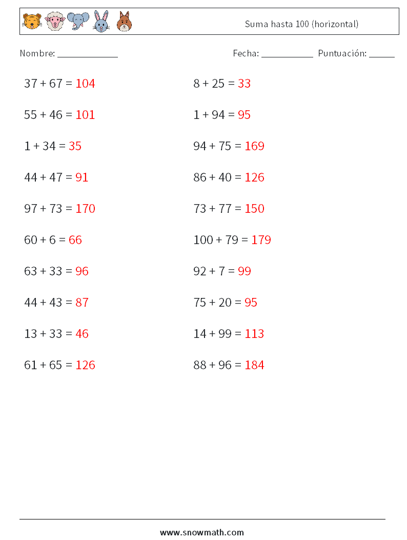 (20) Suma hasta 100 (horizontal) Hojas de trabajo de matemáticas 1 Pregunta, respuesta