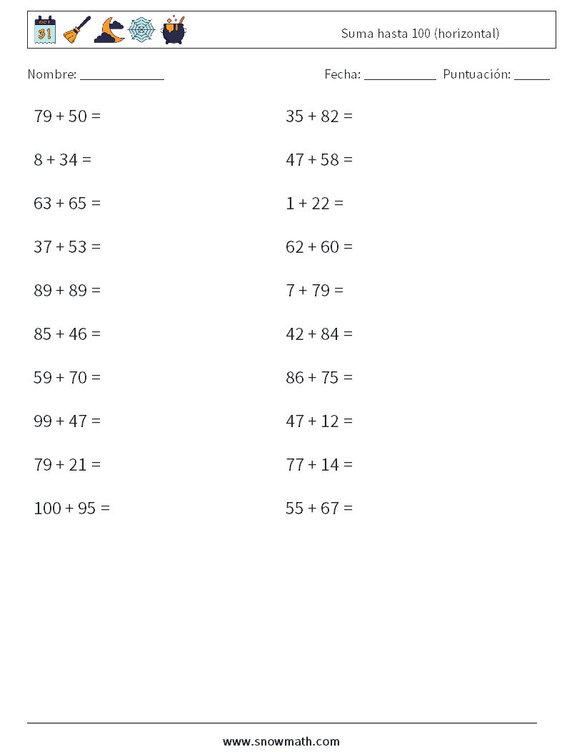 (20) Suma hasta 100 (horizontal) Hojas de trabajo de matemáticas 2