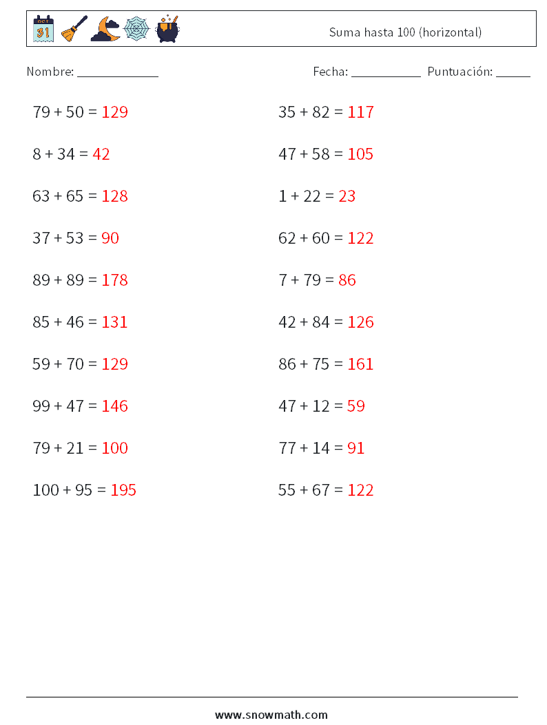(20) Suma hasta 100 (horizontal) Hojas de trabajo de matemáticas 2 Pregunta, respuesta