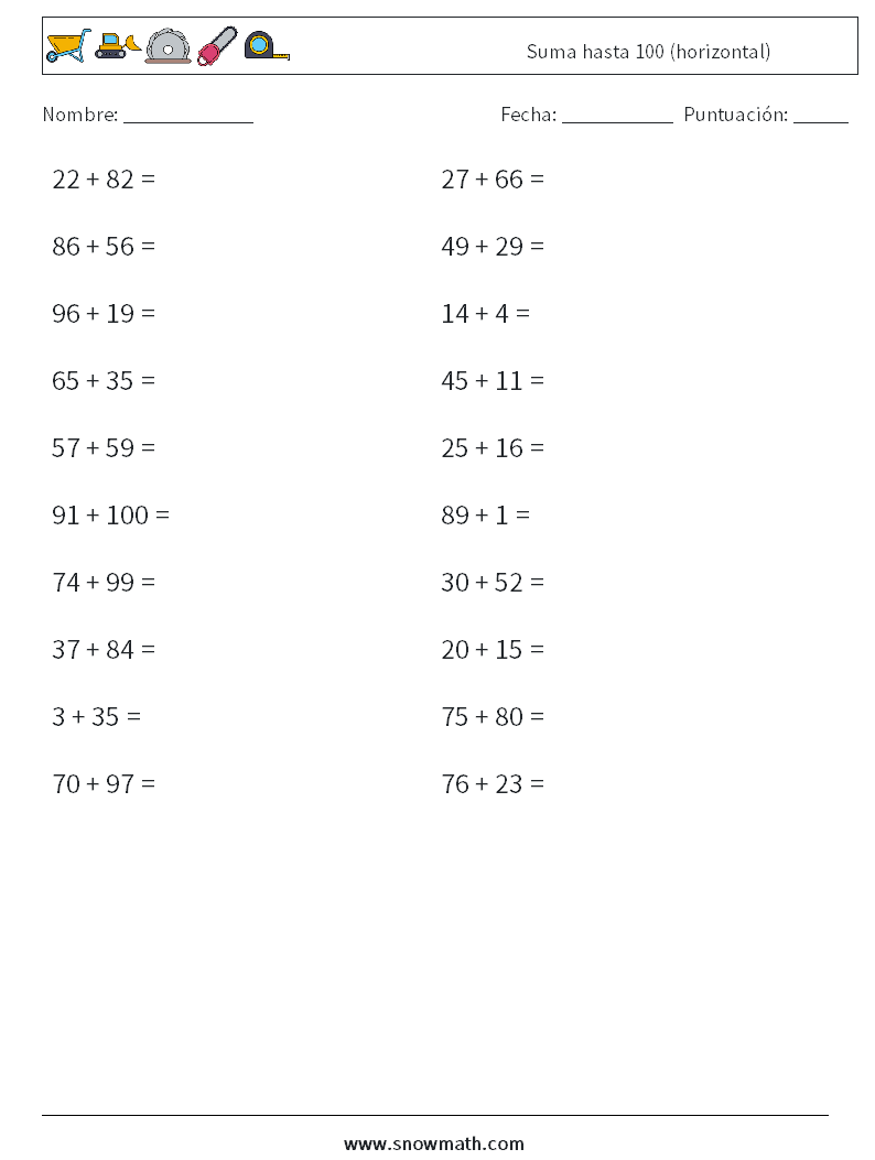 (20) Suma hasta 100 (horizontal) Hojas de trabajo de matemáticas 4