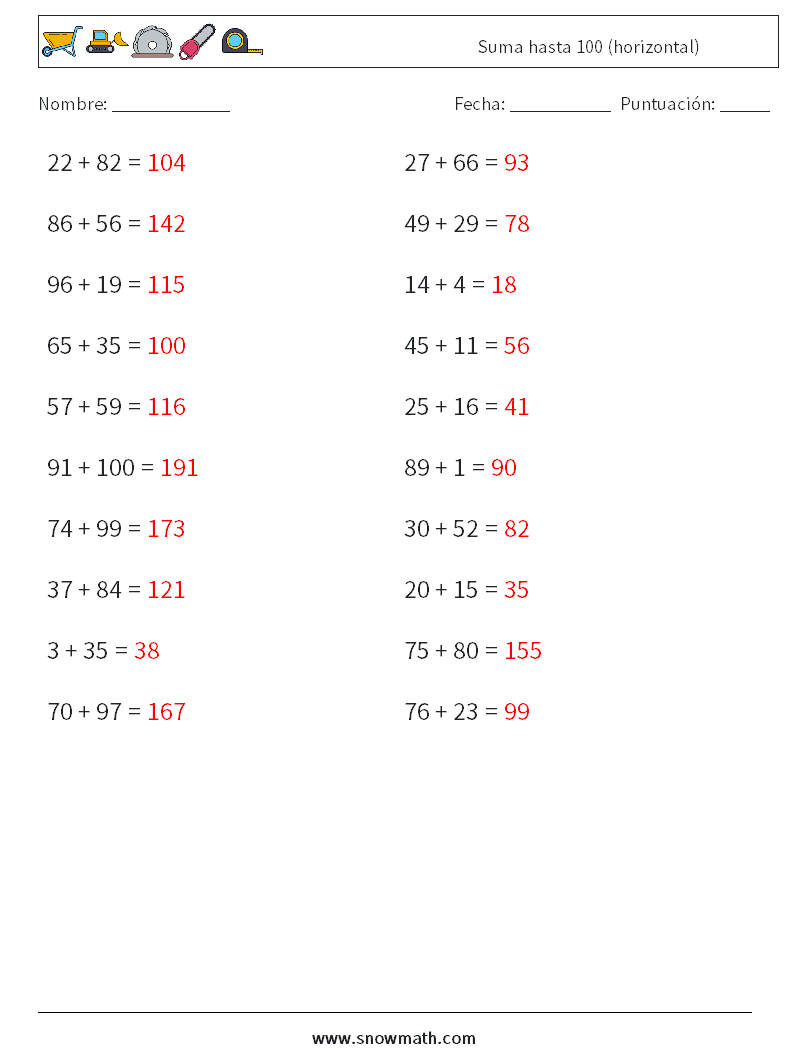 (20) Suma hasta 100 (horizontal) Hojas de trabajo de matemáticas 4 Pregunta, respuesta