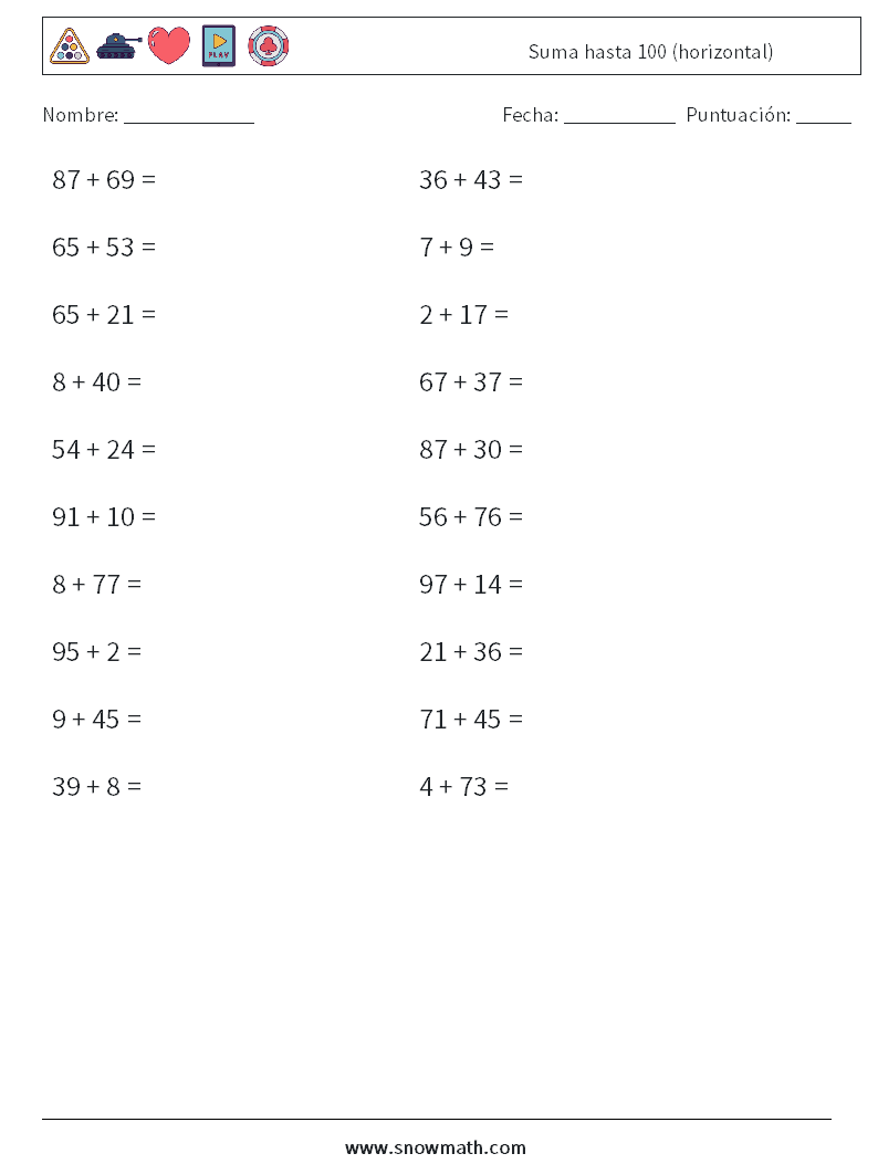(20) Suma hasta 100 (horizontal) Hojas de trabajo de matemáticas 5