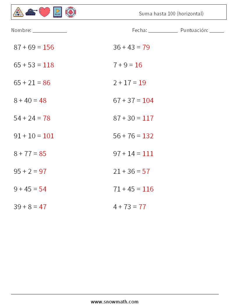 (20) Suma hasta 100 (horizontal) Hojas de trabajo de matemáticas 5 Pregunta, respuesta