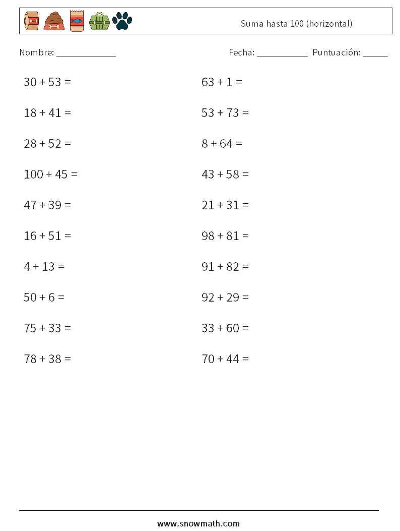 (20) Suma hasta 100 (horizontal) Hojas de trabajo de matemáticas 6