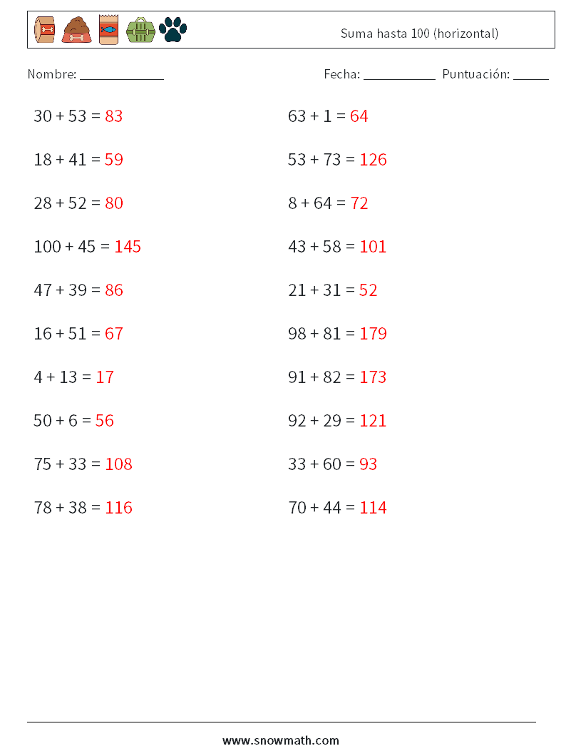 (20) Suma hasta 100 (horizontal) Hojas de trabajo de matemáticas 6 Pregunta, respuesta
