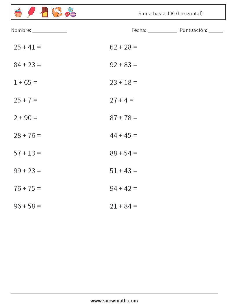 (20) Suma hasta 100 (horizontal) Hojas de trabajo de matemáticas 7