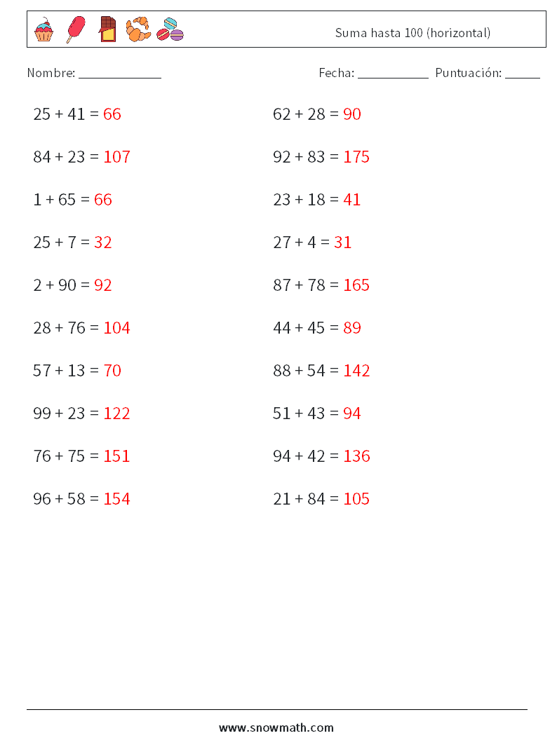 (20) Suma hasta 100 (horizontal) Hojas de trabajo de matemáticas 7 Pregunta, respuesta