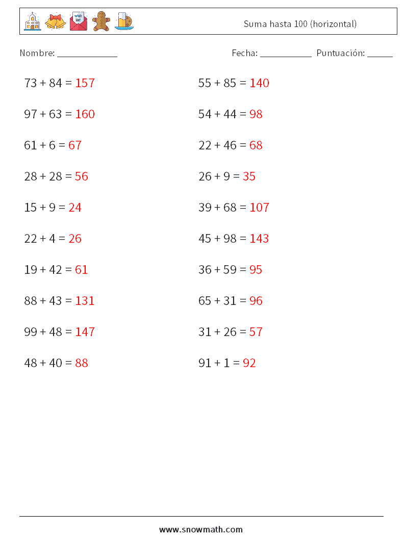 (20) Suma hasta 100 (horizontal) Hojas de trabajo de matemáticas 8 Pregunta, respuesta