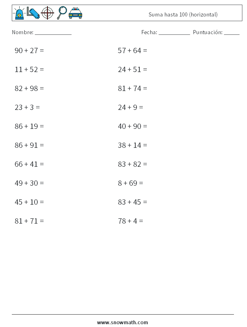 (20) Suma hasta 100 (horizontal) Hojas de trabajo de matemáticas 9