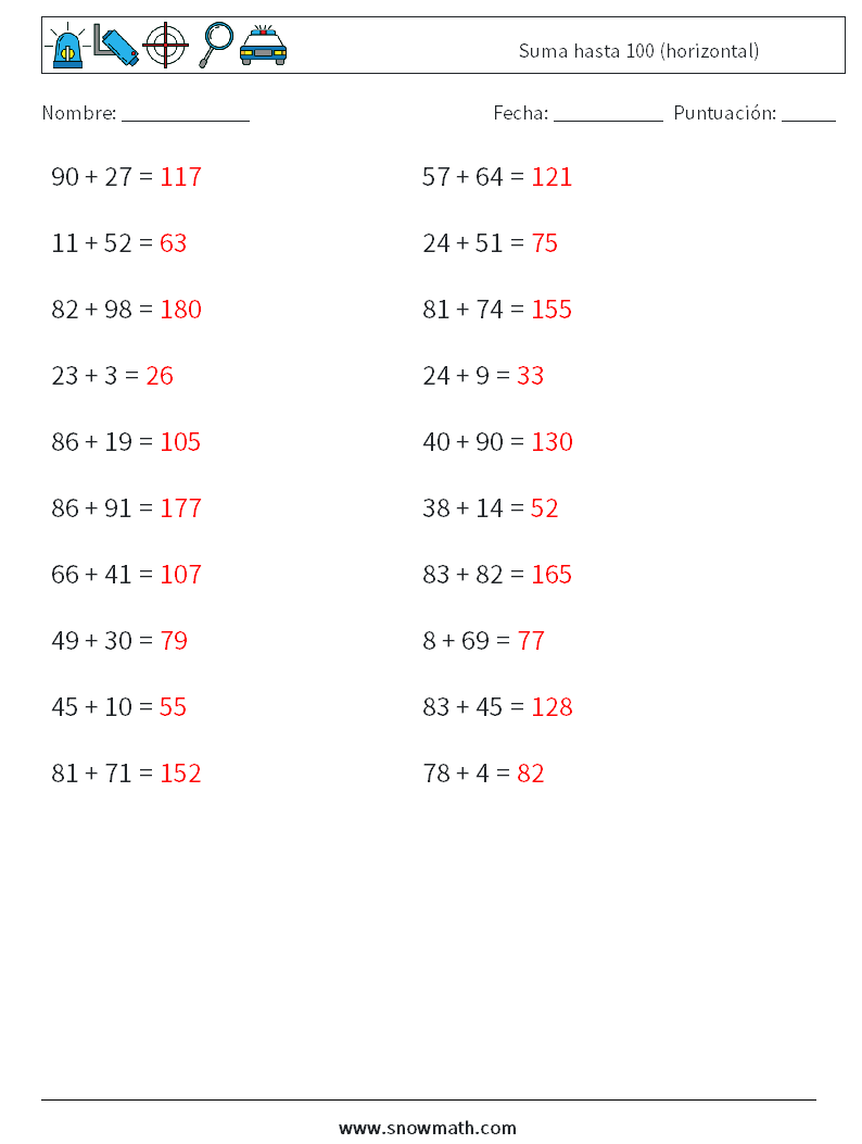 (20) Suma hasta 100 (horizontal) Hojas de trabajo de matemáticas 9 Pregunta, respuesta