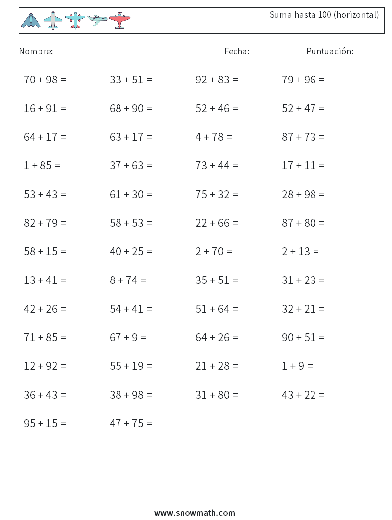 (50) Suma hasta 100 (horizontal) Hojas de trabajo de matemáticas 1