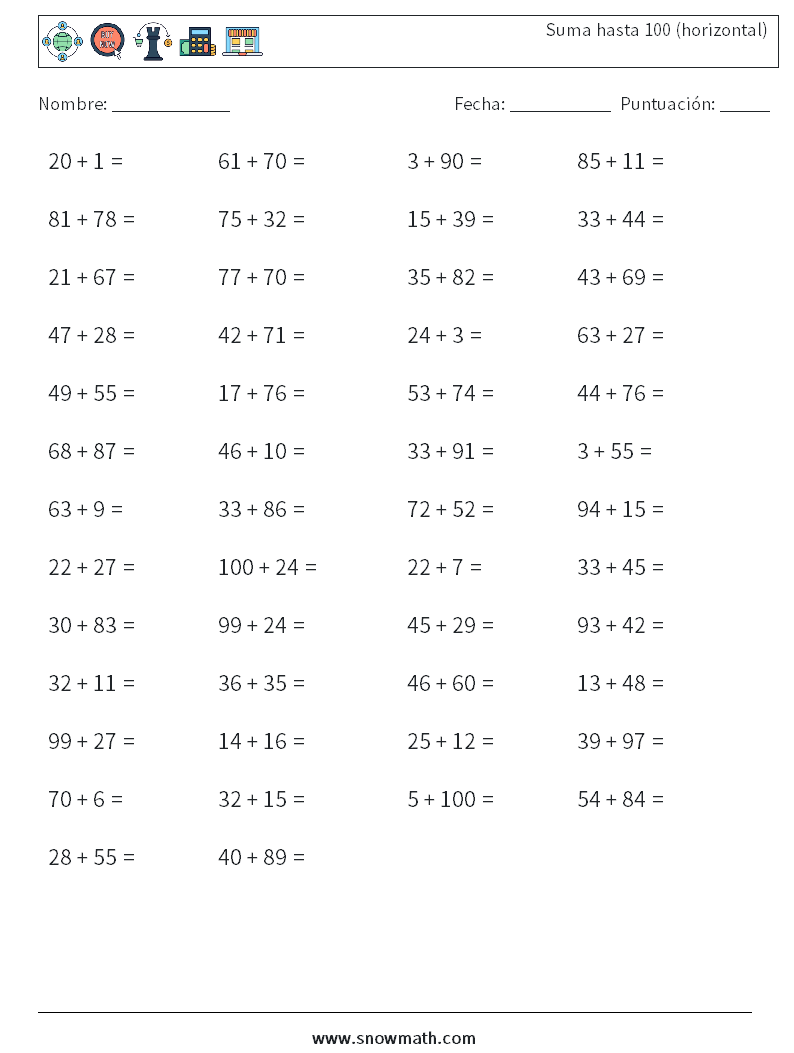 (50) Suma hasta 100 (horizontal) Hojas de trabajo de matemáticas 5