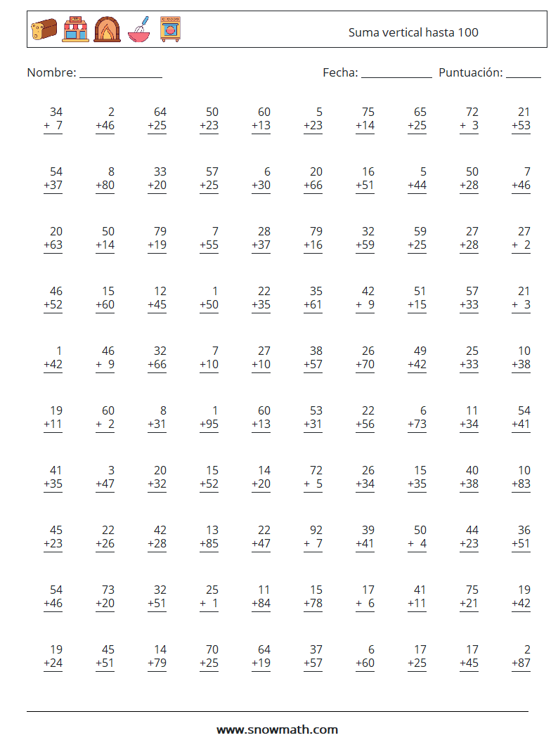 (100) Suma vertical hasta 100 Hojas de trabajo de matemáticas 1