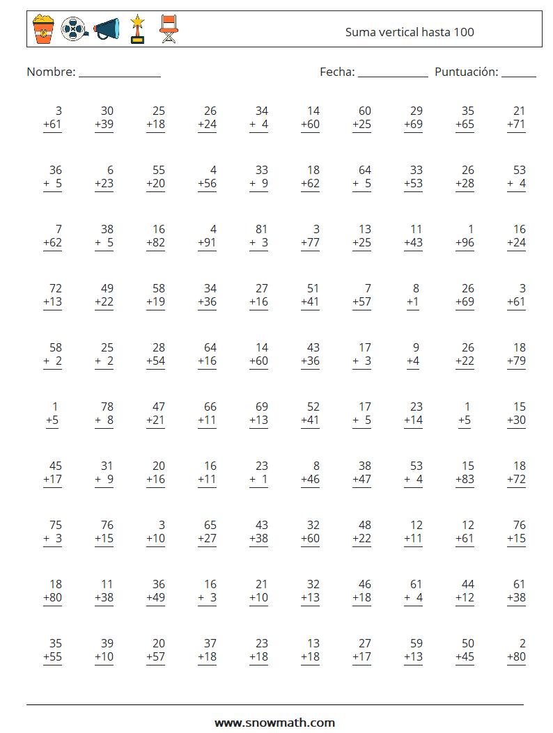 (100) Suma vertical hasta 100 Hojas de trabajo de matemáticas 10