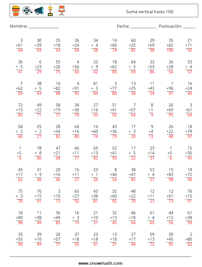 (100) Suma vertical hasta 100 Hojas de trabajo de matemáticas 10 Pregunta, respuesta