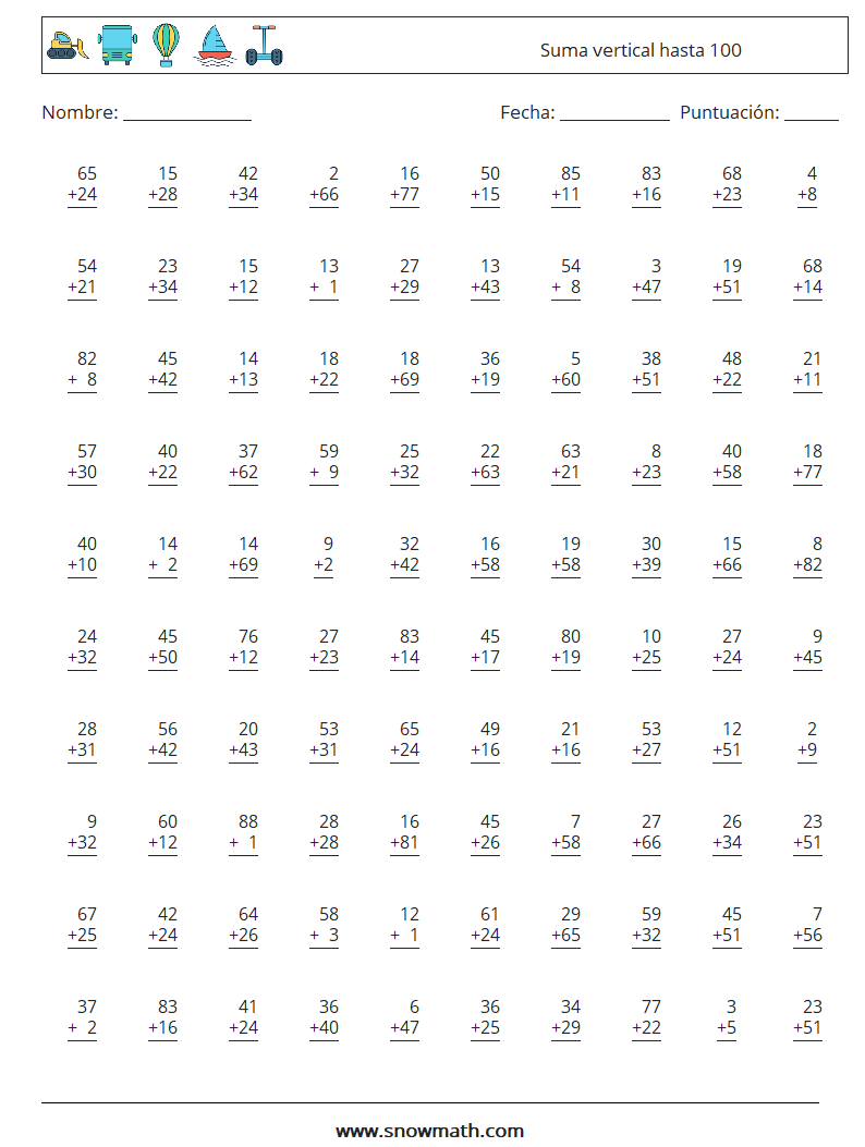 (100) Suma vertical hasta 100 Hojas de trabajo de matemáticas 11
