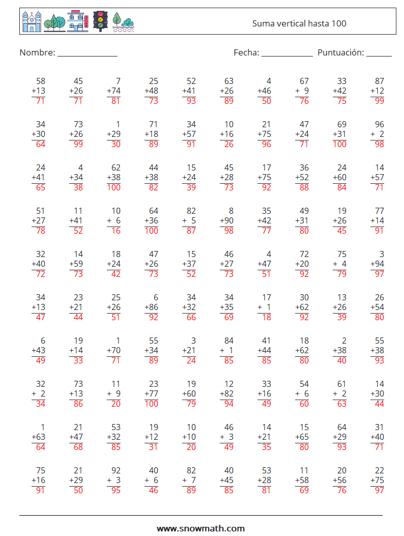 (100) Suma vertical hasta 100 Hojas de trabajo de matemáticas 12 Pregunta, respuesta