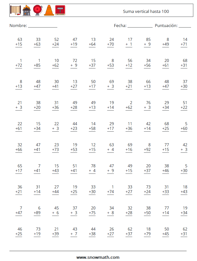 (100) Suma vertical hasta 100 Hojas de trabajo de matemáticas 13