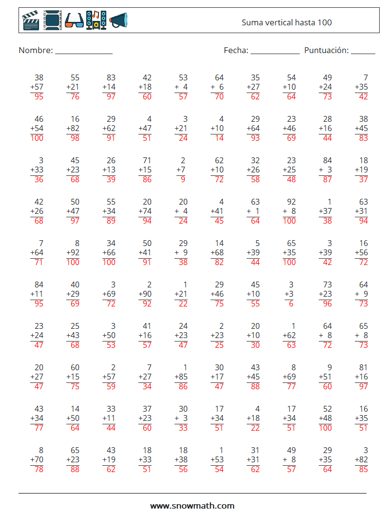 (100) Suma vertical hasta 100 Hojas de trabajo de matemáticas 14 Pregunta, respuesta