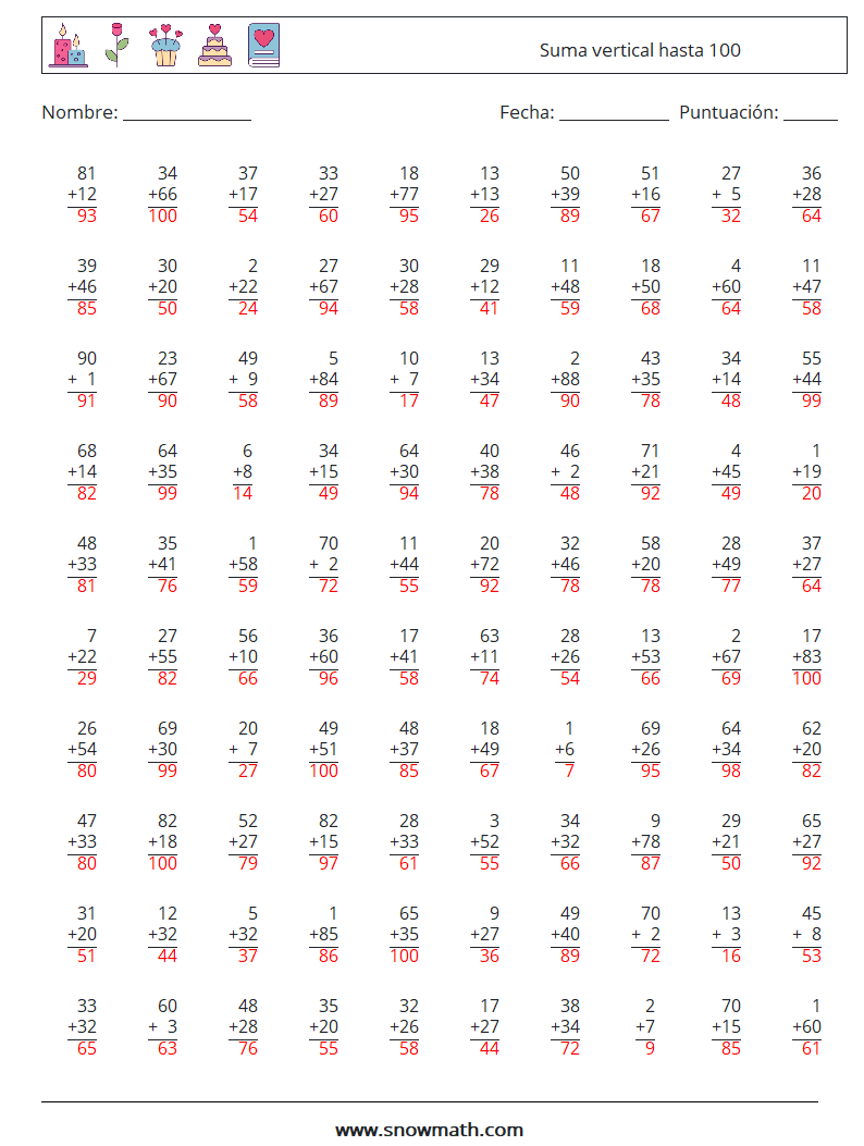 (100) Suma vertical hasta 100 Hojas de trabajo de matemáticas 15 Pregunta, respuesta