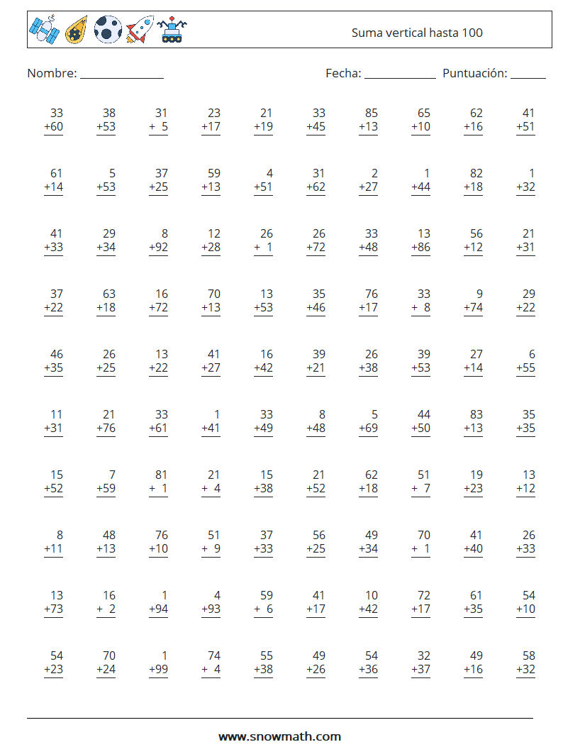 (100) Suma vertical hasta 100 Hojas de trabajo de matemáticas 16