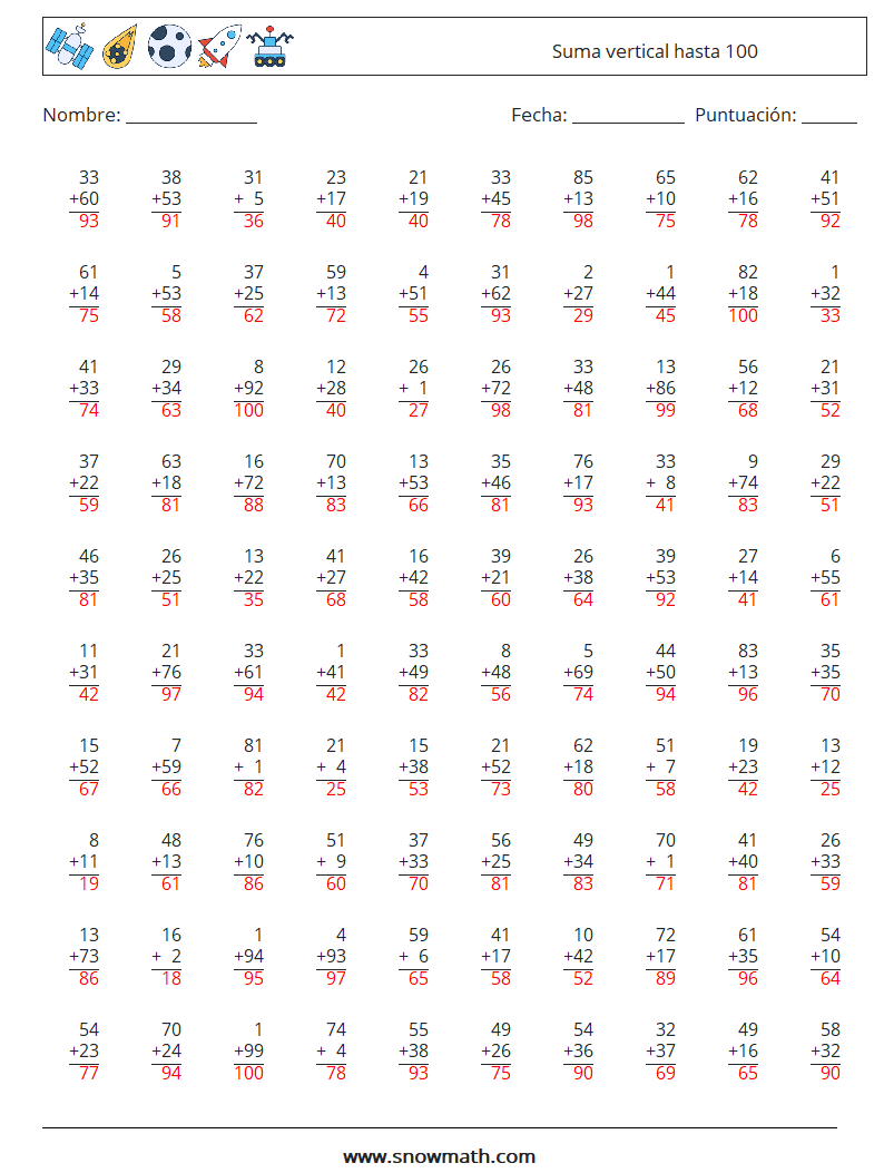 (100) Suma vertical hasta 100 Hojas de trabajo de matemáticas 16 Pregunta, respuesta