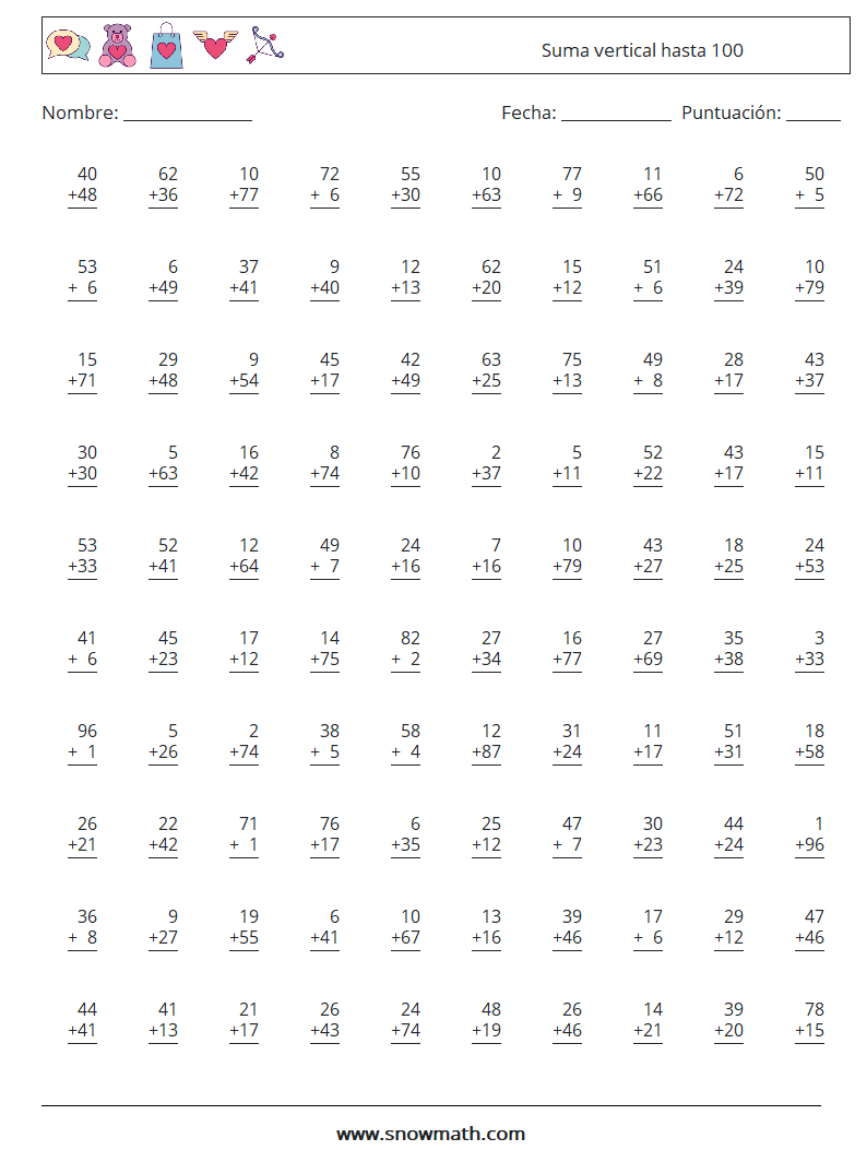 (100) Suma vertical hasta 100 Hojas de trabajo de matemáticas 17