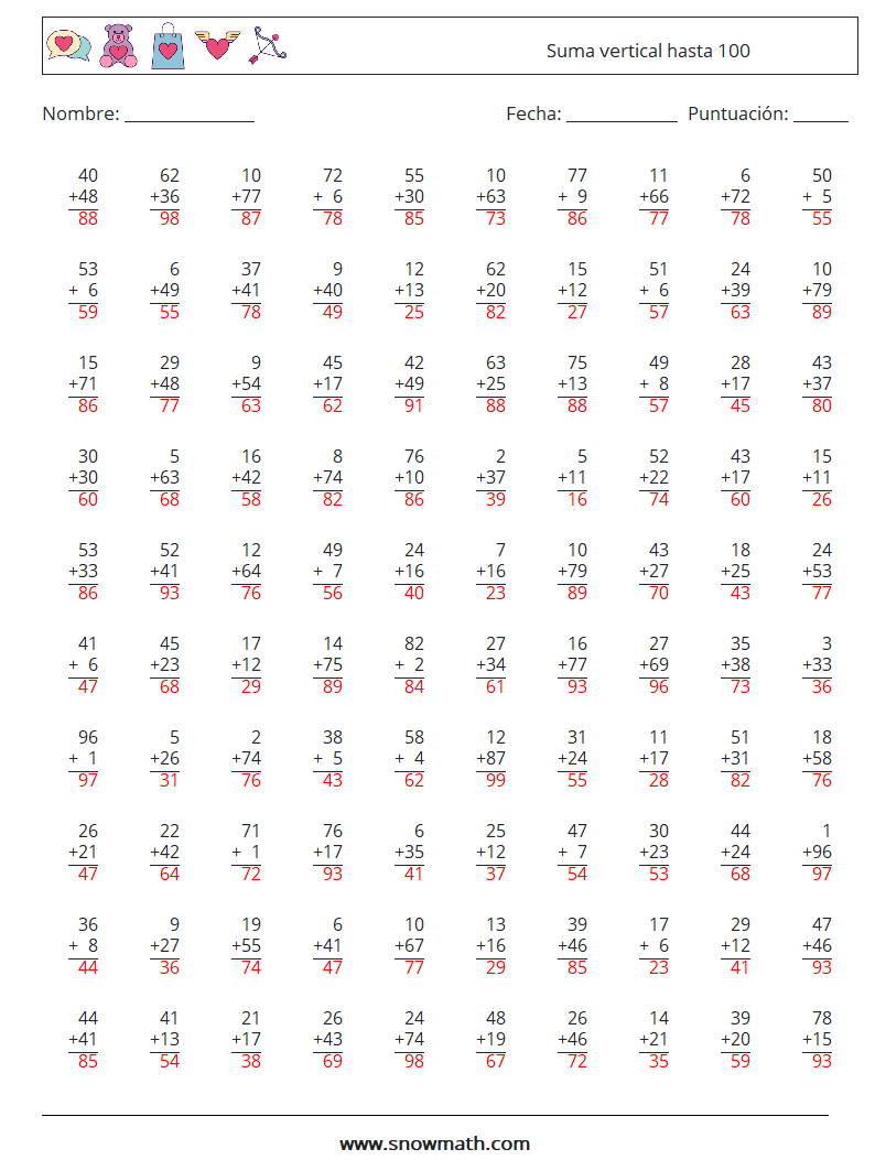 (100) Suma vertical hasta 100 Hojas de trabajo de matemáticas 17 Pregunta, respuesta