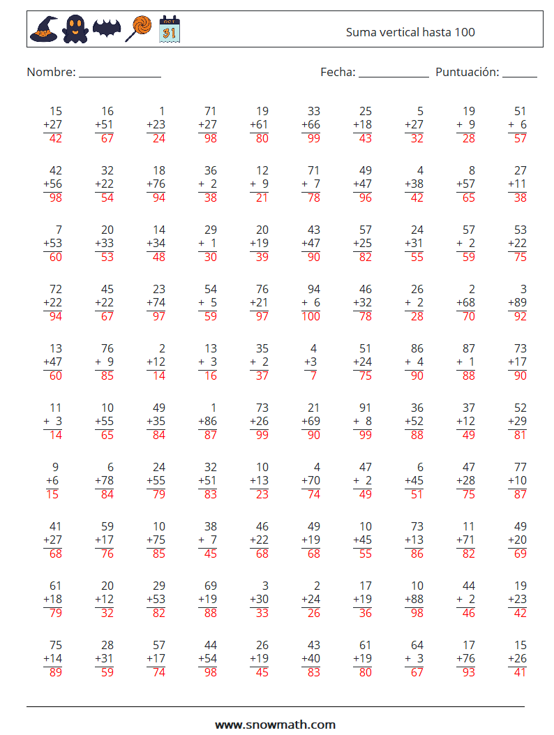 (100) Suma vertical hasta 100 Hojas de trabajo de matemáticas 18 Pregunta, respuesta