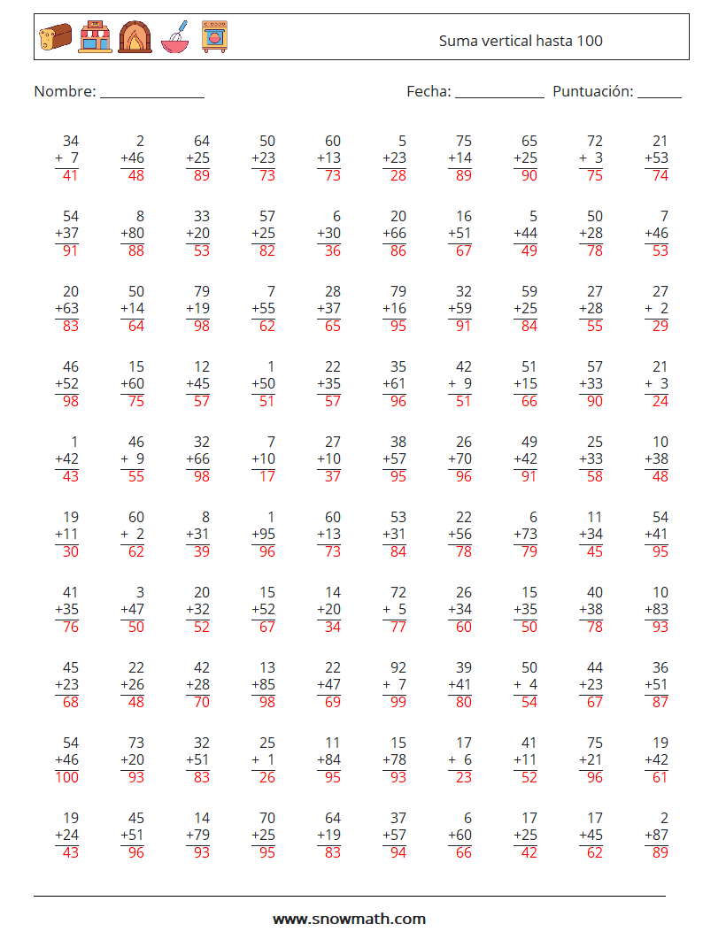 (100) Suma vertical hasta 100 Hojas de trabajo de matemáticas 1 Pregunta, respuesta