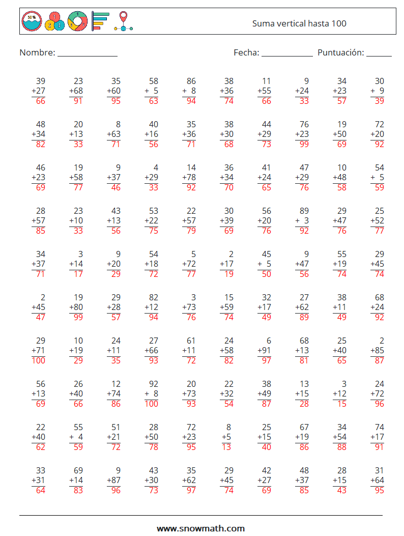 (100) Suma vertical hasta 100 Hojas de trabajo de matemáticas 2 Pregunta, respuesta