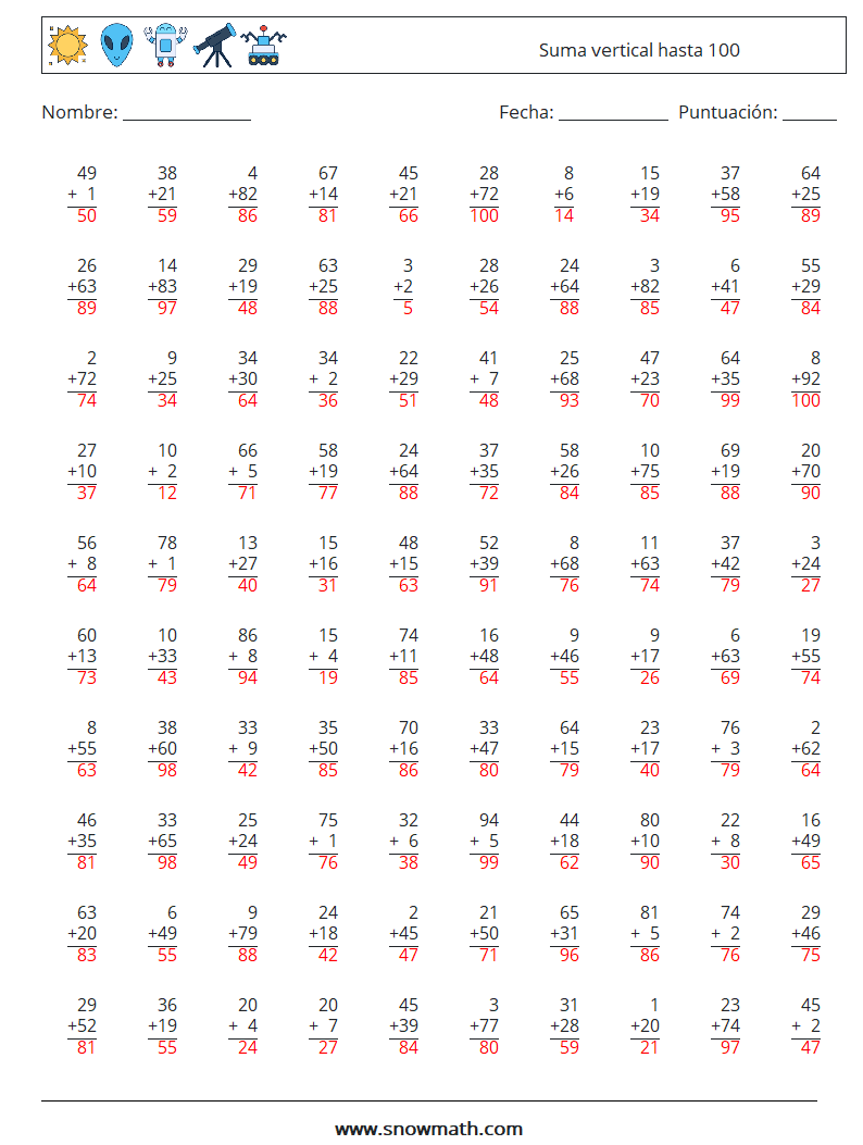 (100) Suma vertical hasta 100 Hojas de trabajo de matemáticas 5 Pregunta, respuesta