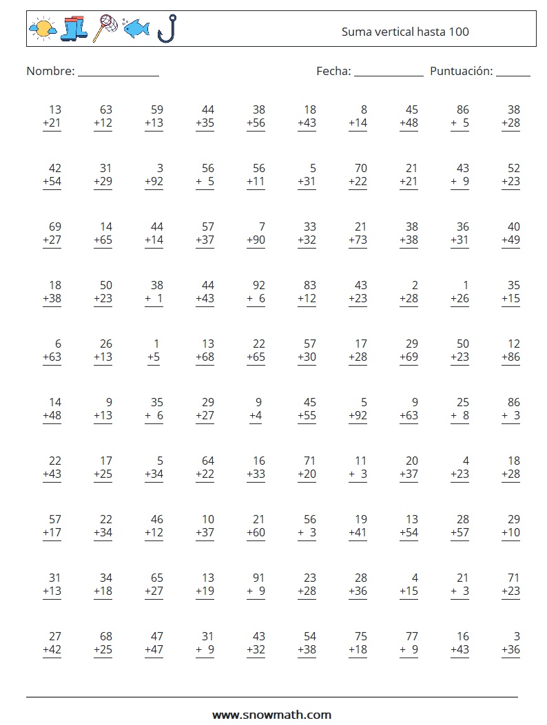 (100) Suma vertical hasta 100 Hojas de trabajo de matemáticas 6