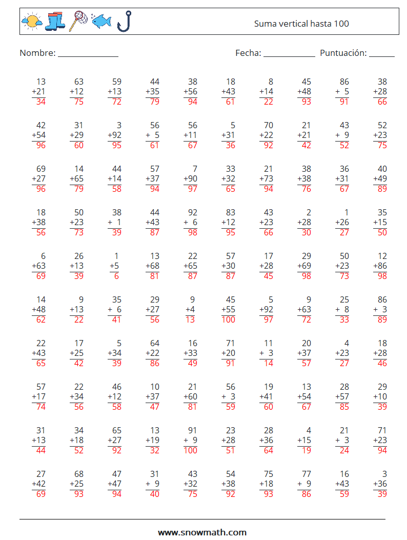 (100) Suma vertical hasta 100 Hojas de trabajo de matemáticas 6 Pregunta, respuesta