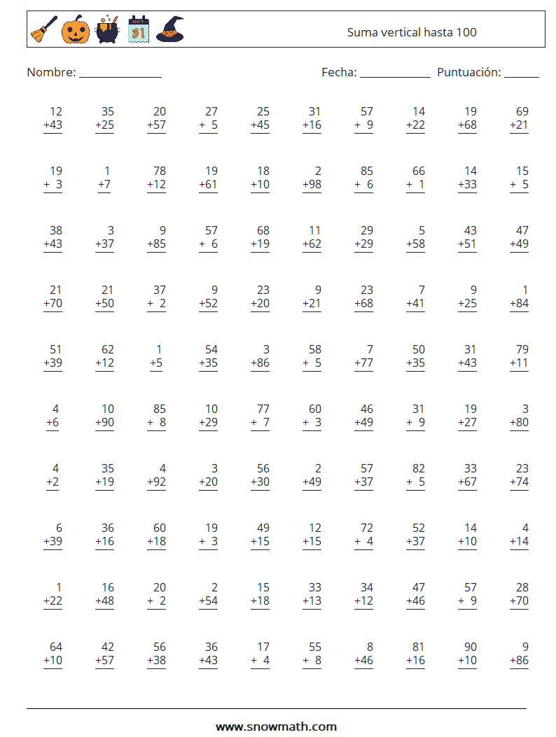 (100) Suma vertical hasta 100 Hojas de trabajo de matemáticas 7