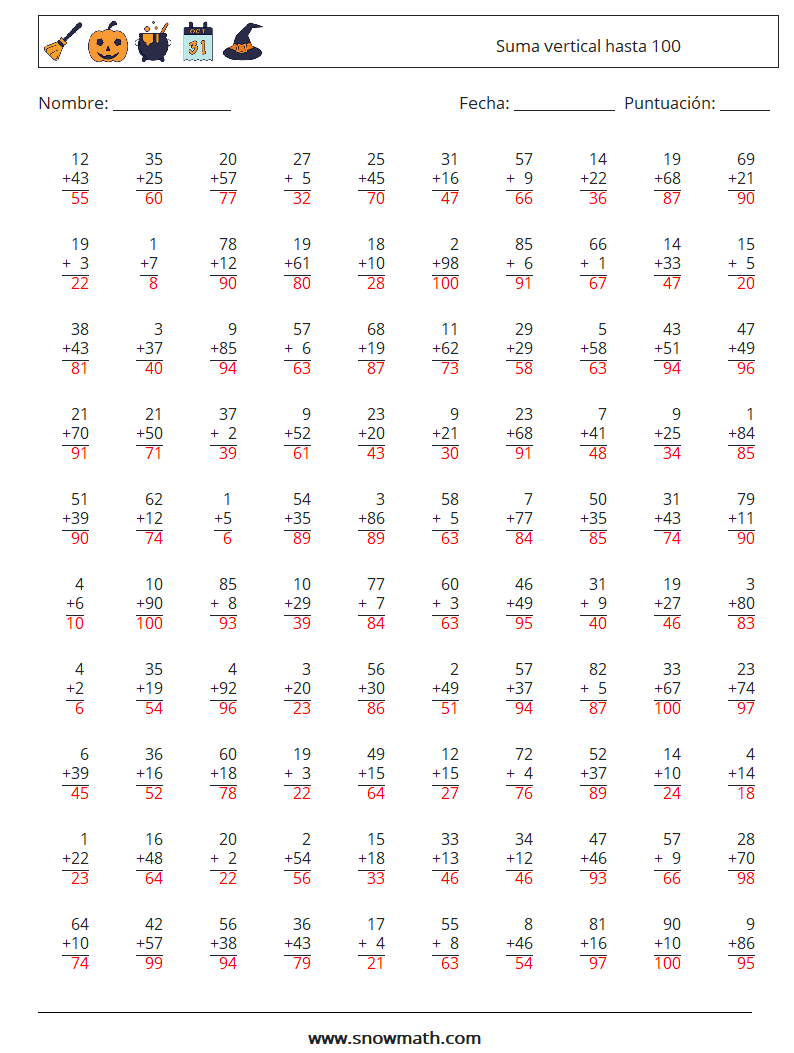 (100) Suma vertical hasta 100 Hojas de trabajo de matemáticas 7 Pregunta, respuesta