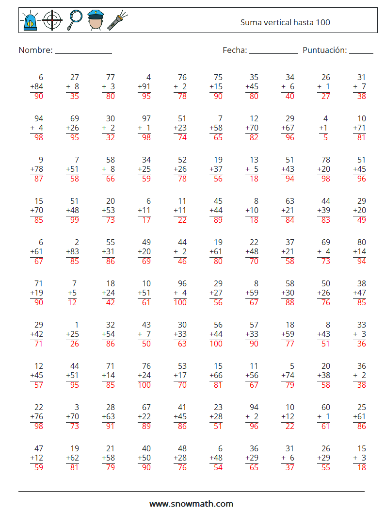 (100) Suma vertical hasta 100 Hojas de trabajo de matemáticas 8 Pregunta, respuesta