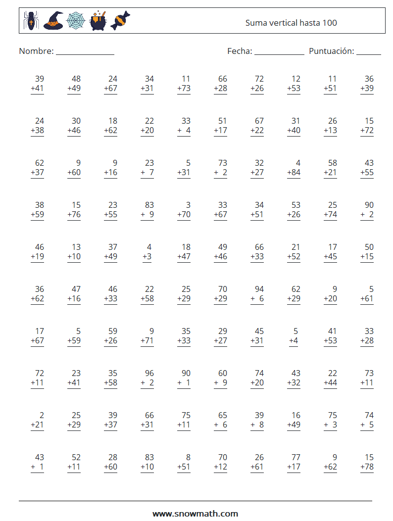 (100) Suma vertical hasta 100 Hojas de trabajo de matemáticas 9