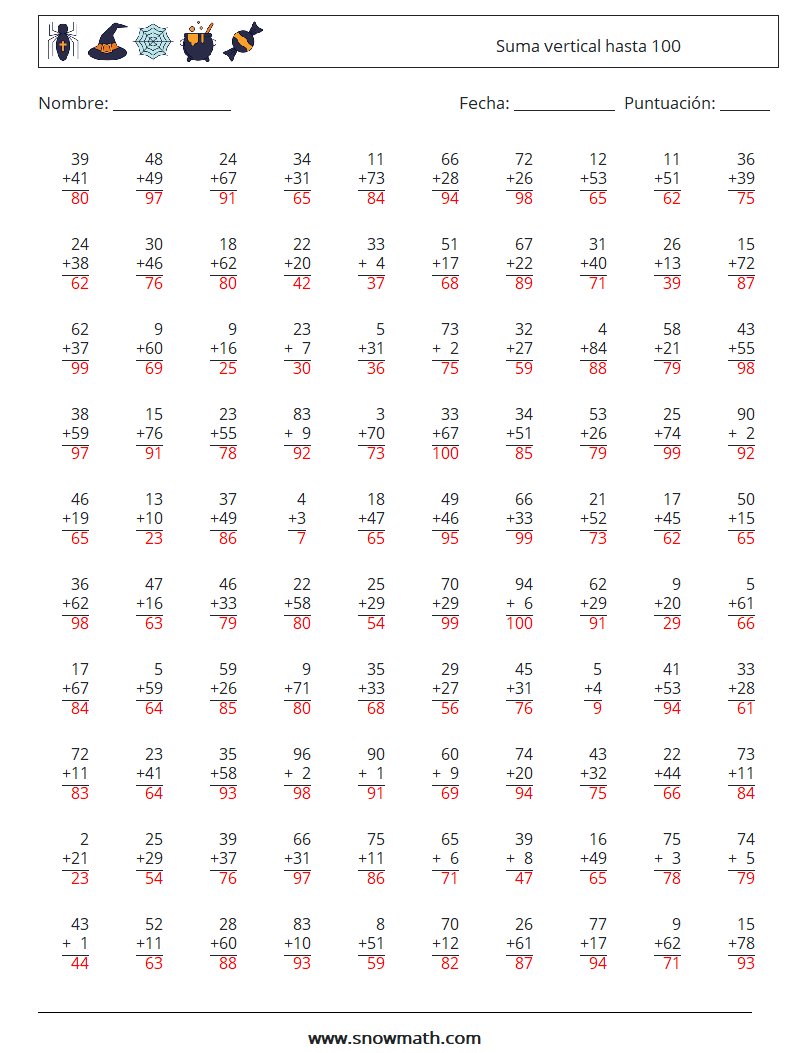 (100) Suma vertical hasta 100 Hojas de trabajo de matemáticas 9 Pregunta, respuesta