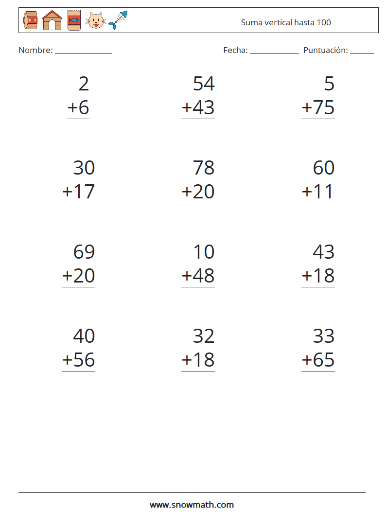 (12) Suma vertical hasta 100 Hojas de trabajo de matemáticas 1