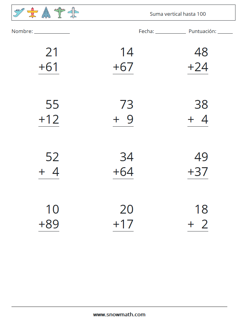 (12) Suma vertical hasta 100 Hojas de trabajo de matemáticas 10